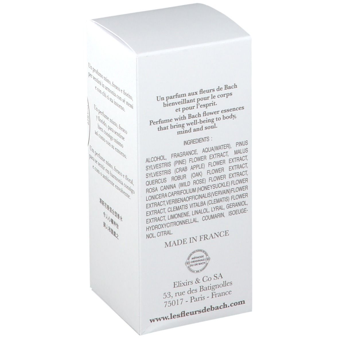 Witte verpakking met ingrediënten en tekst. Présence(s) de Bach Eau de Parfum n°1. 115 ml. Gemaakt in Frankrijk.