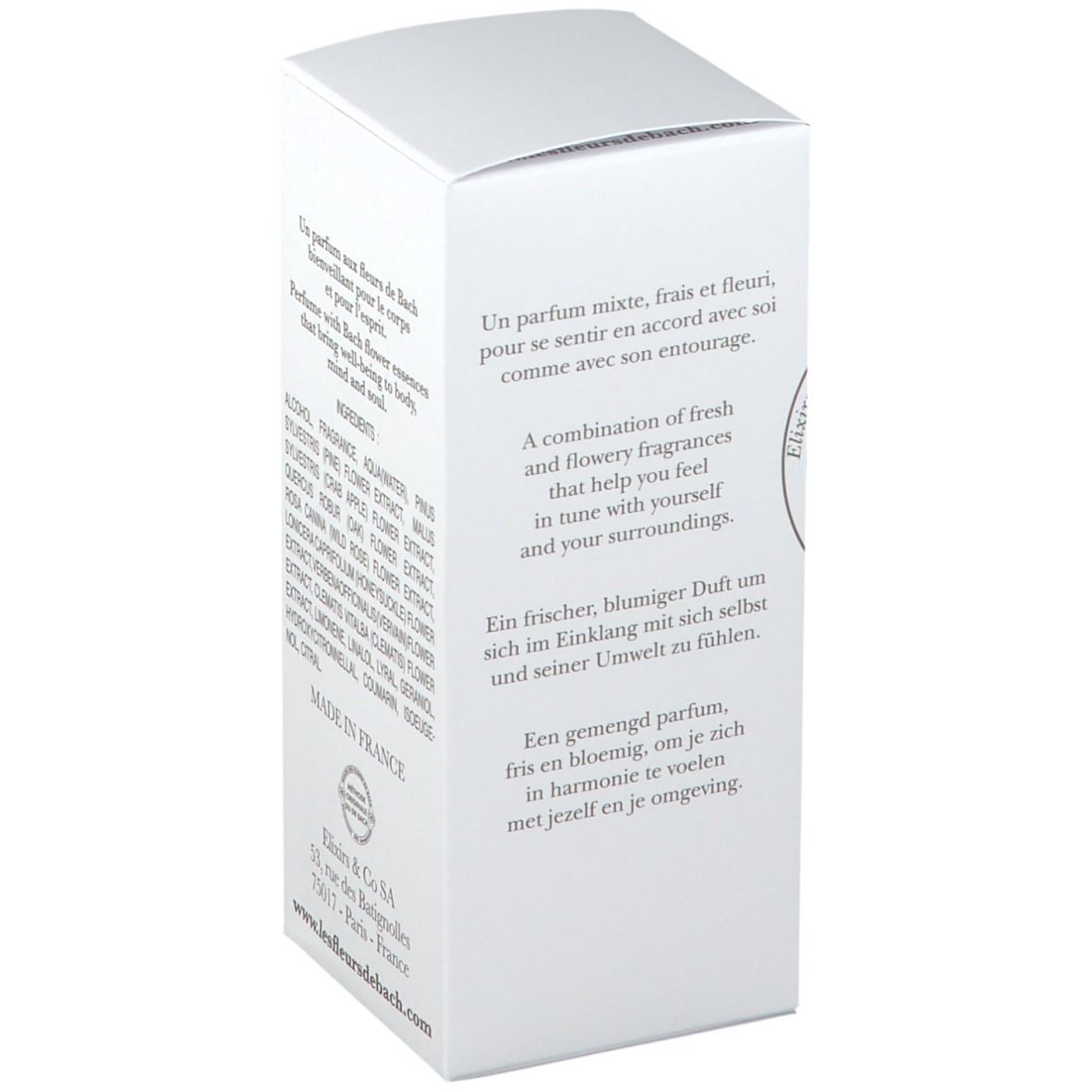 Witte verpakking met meertalige tekst. Présence(s) de Bach Eau de Parfum n°1. 115 ml.
