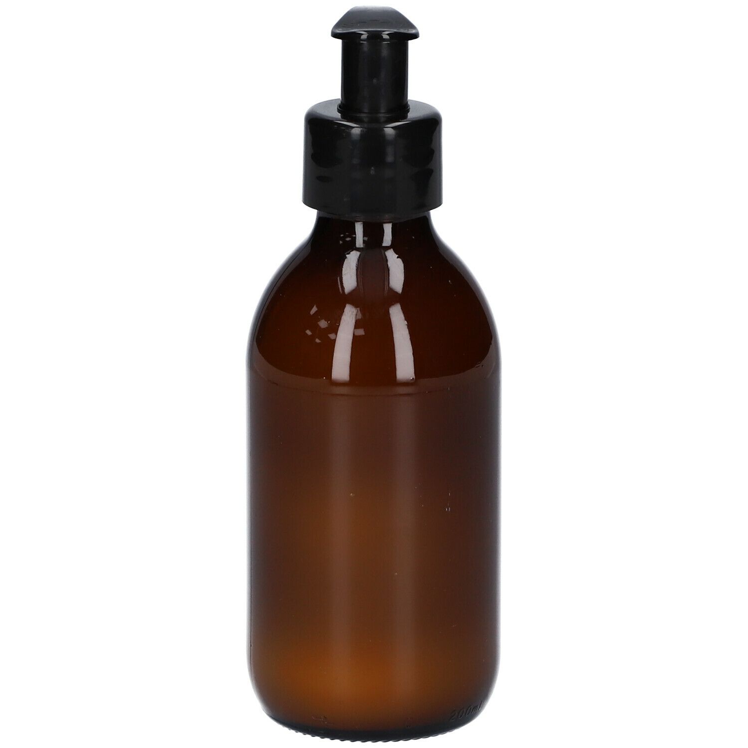 Bruine fles met zwarte pomp. Etiket met productinformatie. "Présence(s) de Bach" en "Baume parfumé - Body lotion".
