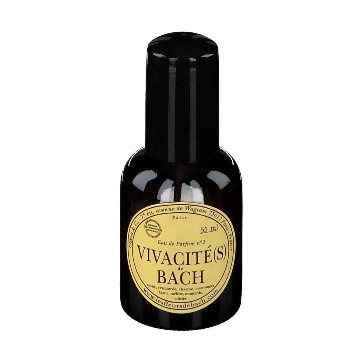 Flacon en verre brun avec bouchon noir. Inscription : Vivacité(s) de Bach, 55 ml.