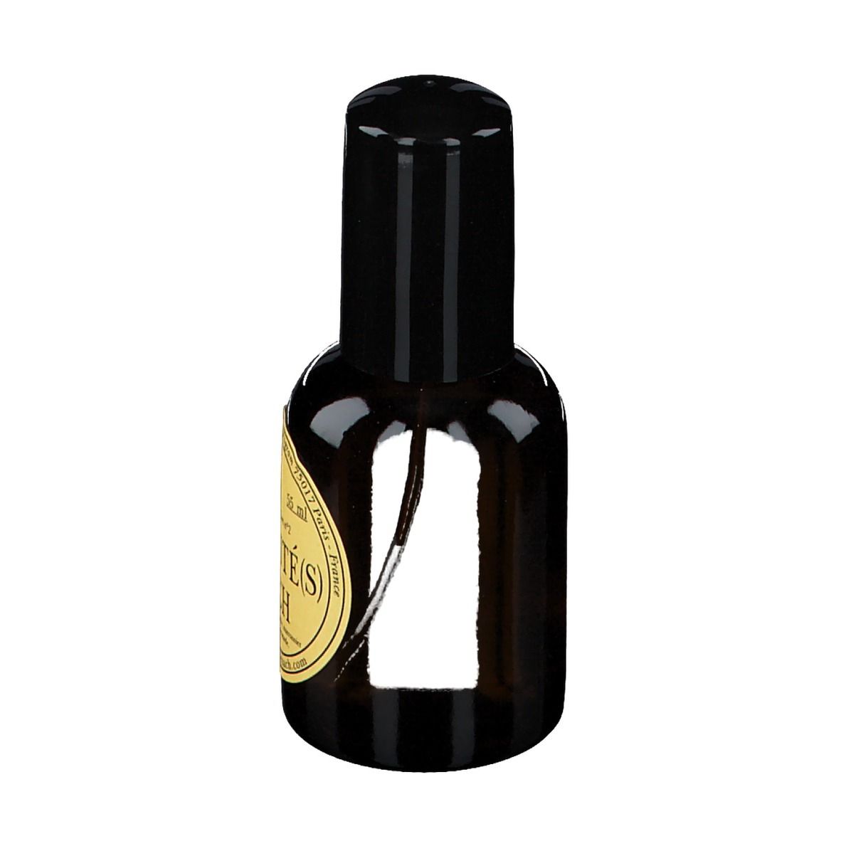 Flacon en verre brun avec bouchon noir et vaporisateur. Inscription : Vivacité(s) de Bach, 55 ml.