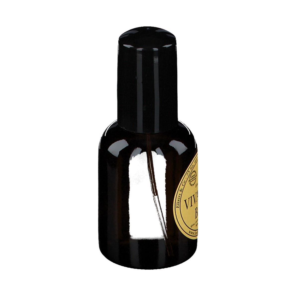 Flacon en verre brun avec bouchon noir et vaporisateur.