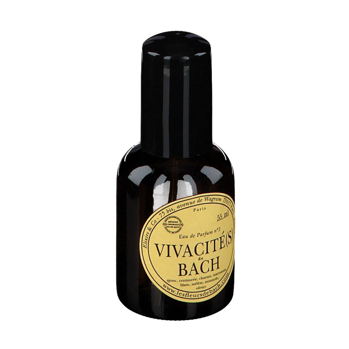 Flacon en verre brun avec bouchon noir. Inscription : Vivacité(s) de Bach, 55 ml.