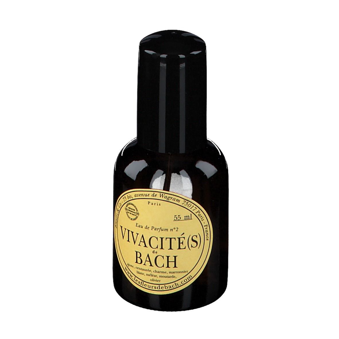 Flacon en verre brun avec bouchon noir. Inscription : Vivacité(s) de Bach, 55 ml.