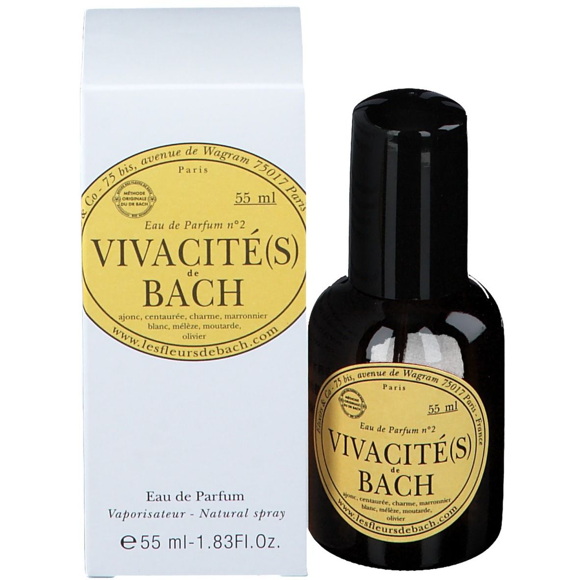 Flacon en verre brun avec bouchon noir et emballage blanc. Inscription : Vivacité(s) de Bach, 55 ml.