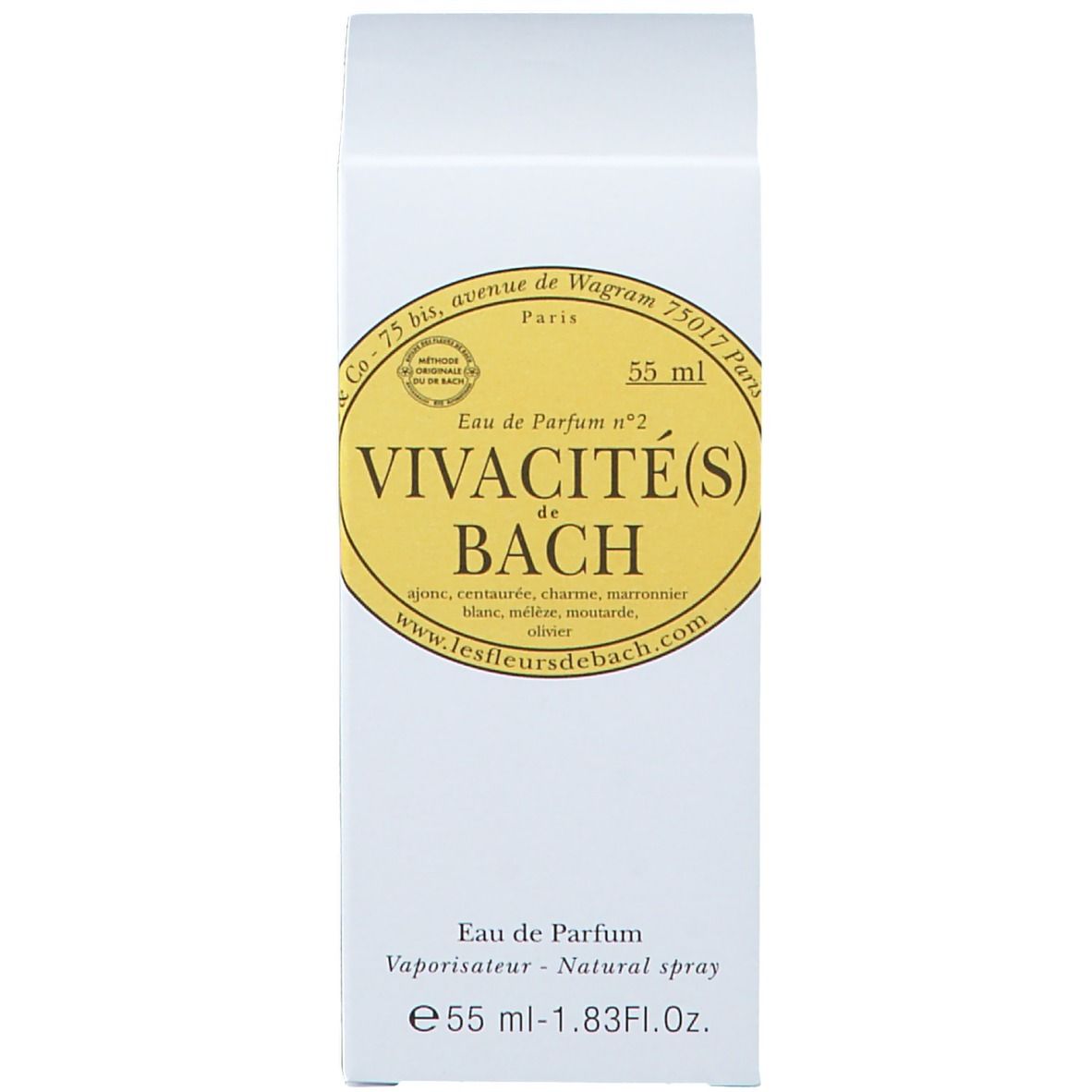 Emballage blanc avec inscription : Vivacité(s) de Bach, 55 ml.
