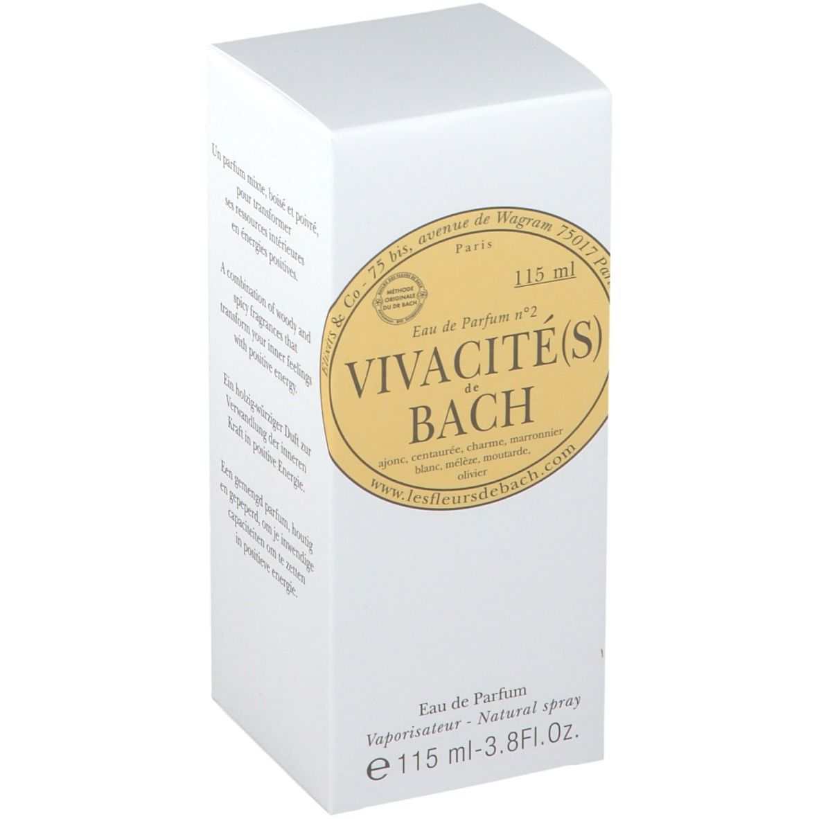 Emballage blanc avec inscription: Vivacité(s) de Bach, Eau de Parfum. Étiquette dorée avec informations.