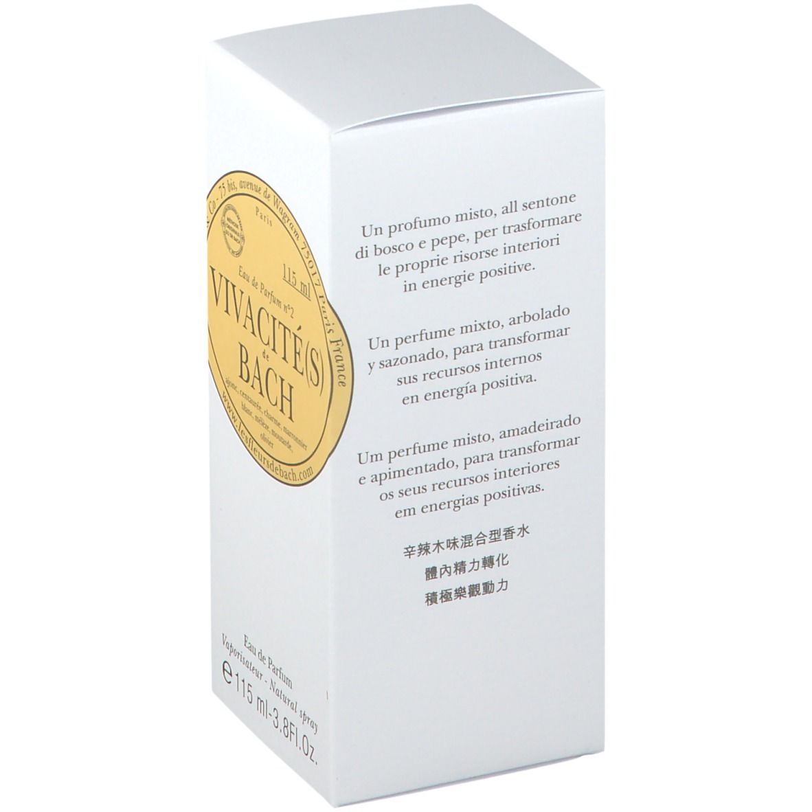 Emballage blanc. Inscription: Vivacité(s) de Bach, Eau de Parfum. Texte multilingue, étiquette dorée.