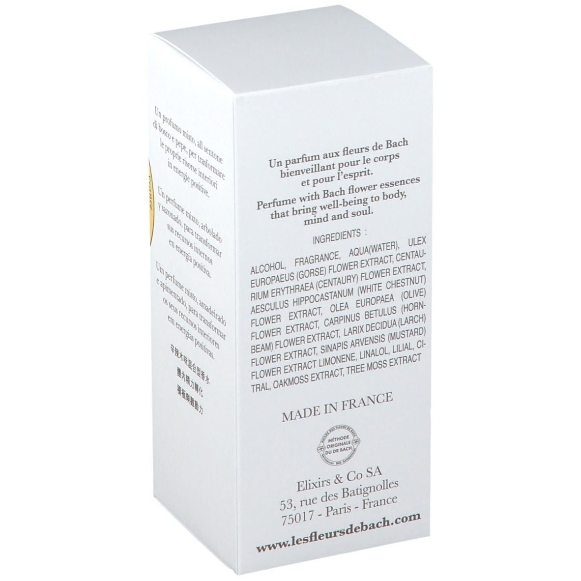 Emballage blanc. Inscription: Vivacité(s) de Bach, Eau de Parfum. Liste des ingrédients, étiquette dorée.