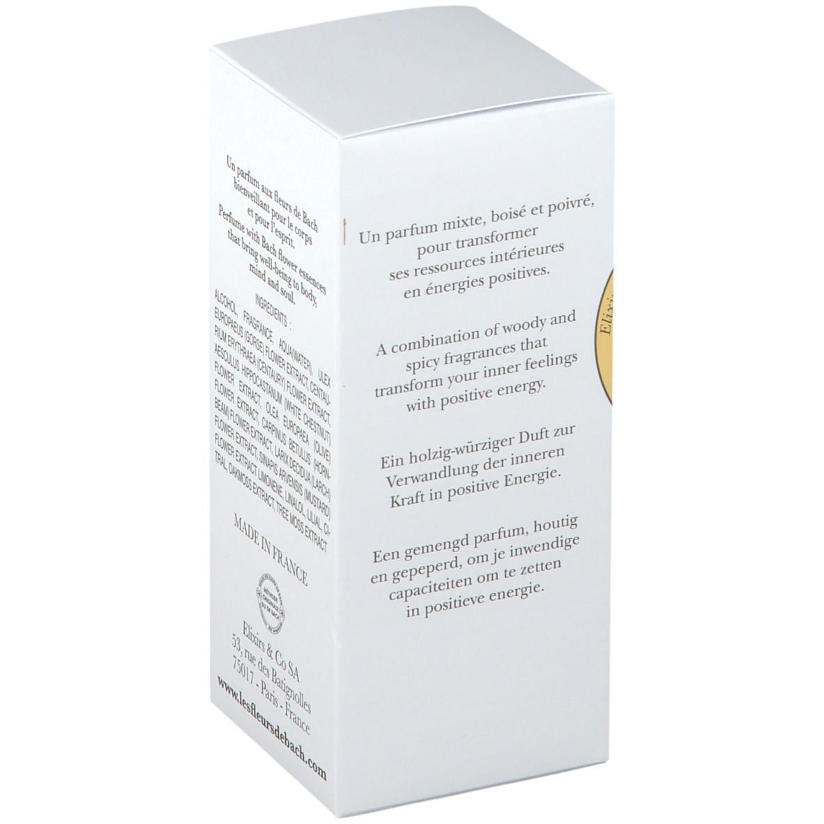 Emballage blanc. Inscription: Vivacité(s) de Bach, Eau de Parfum. Texte multilingue, étiquette dorée.