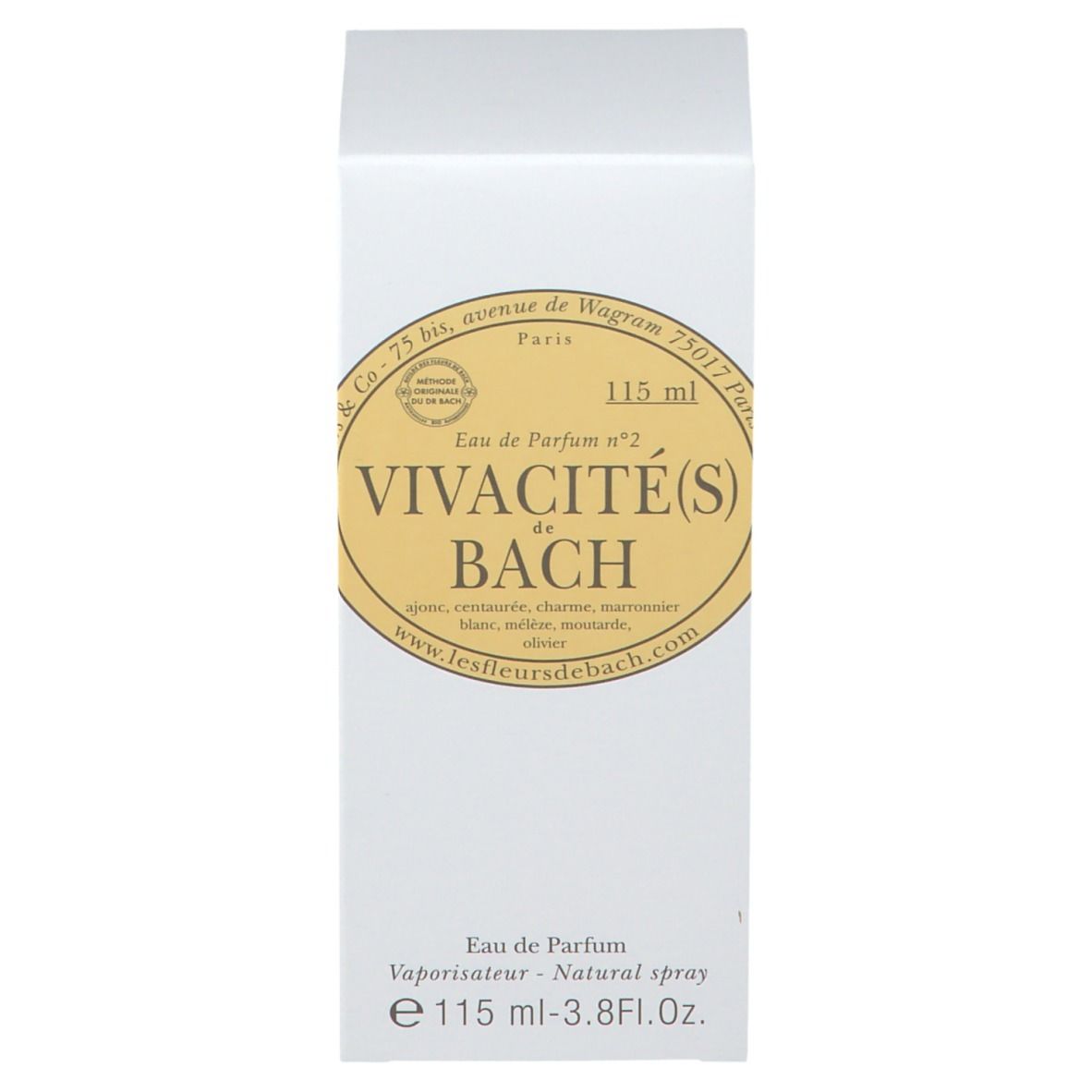 Emballage blanc. Inscription: Vivacité(s) de Bach, Eau de Parfum. Étiquette dorée avec informations.