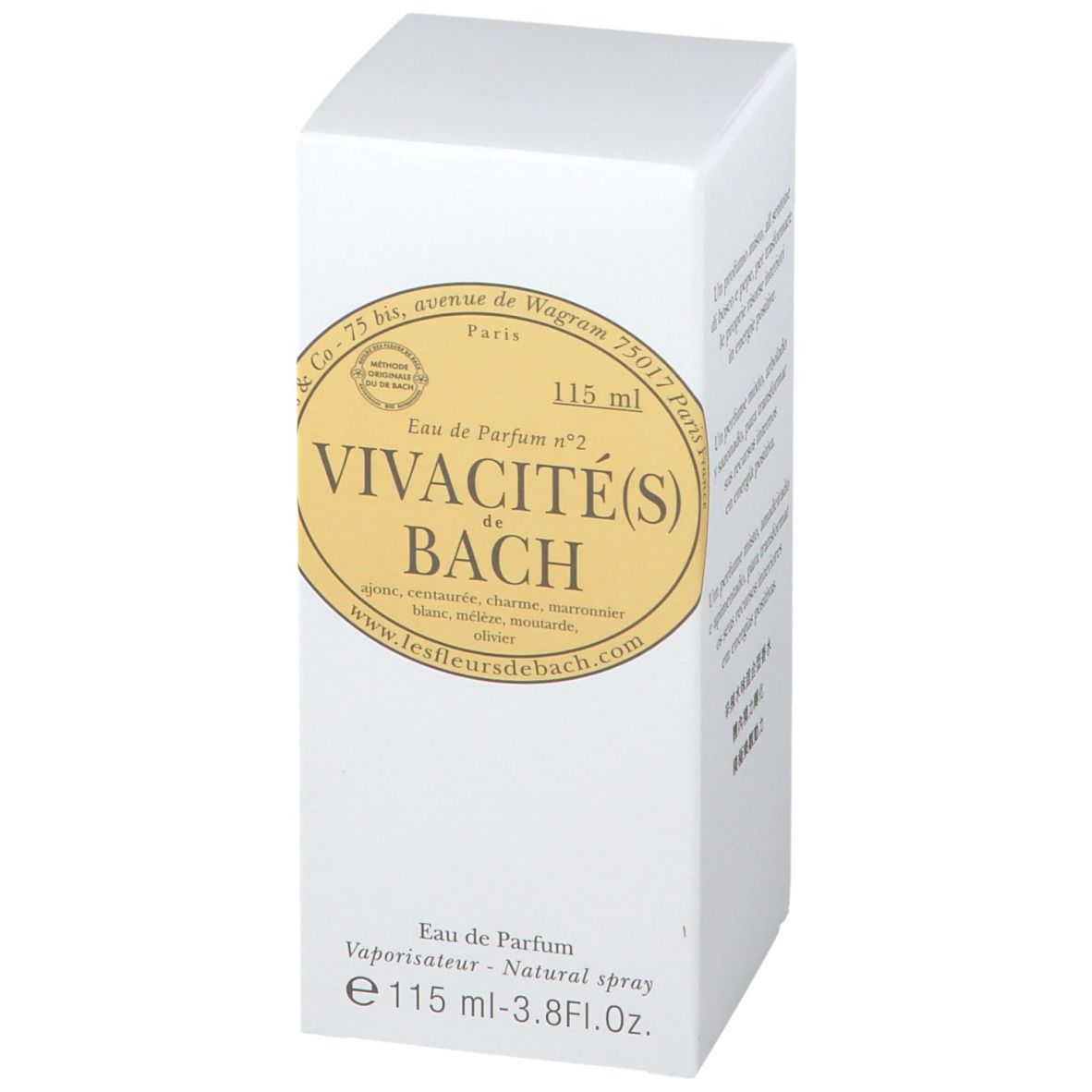 Emballage blanc. Inscription: Vivacité(s) de Bach, Eau de Parfum. Étiquette dorée avec informations.