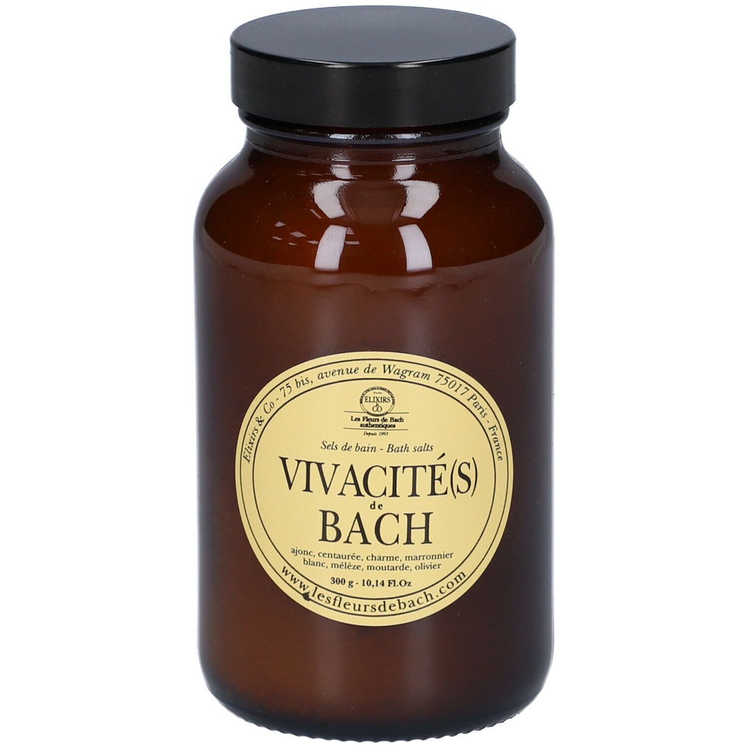 Flacon en verre brun avec couvercle noir. Étiquette avec nom du produit et logo. Inscription : Vivacité(s) de Bach. Ingrédients.