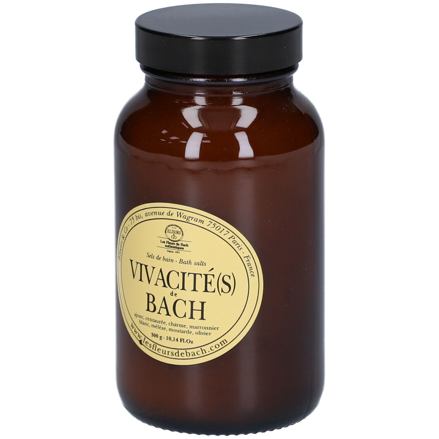 Flacon en verre brun avec couvercle noir. Étiquette avec nom du produit et logo. Inscription : Vivacité(s) de Bach. Ingrédients.