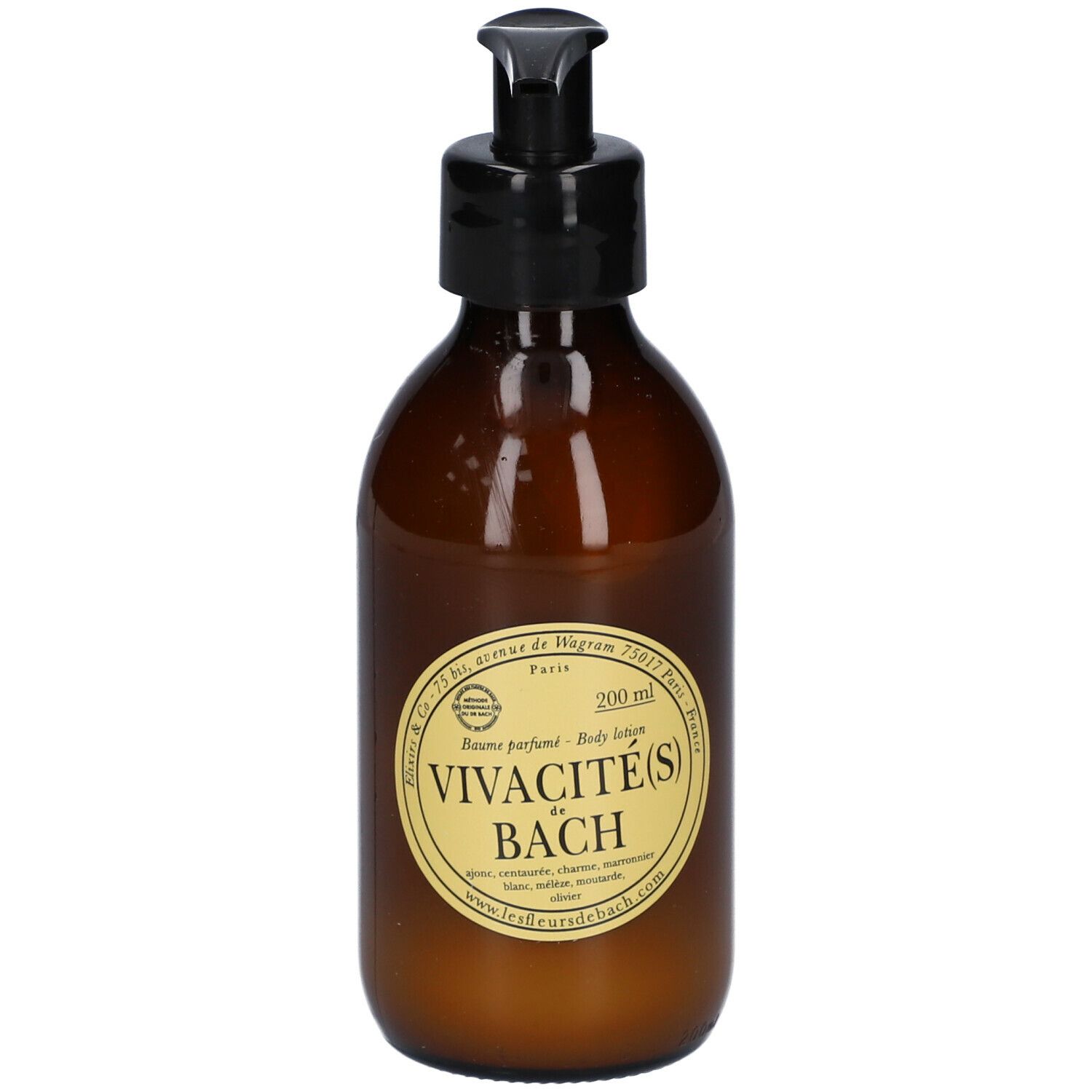 Bruine glazen fles met zwarte pomp. Etiket met tekst. Productnaam: Vivacité(s) de Bach.