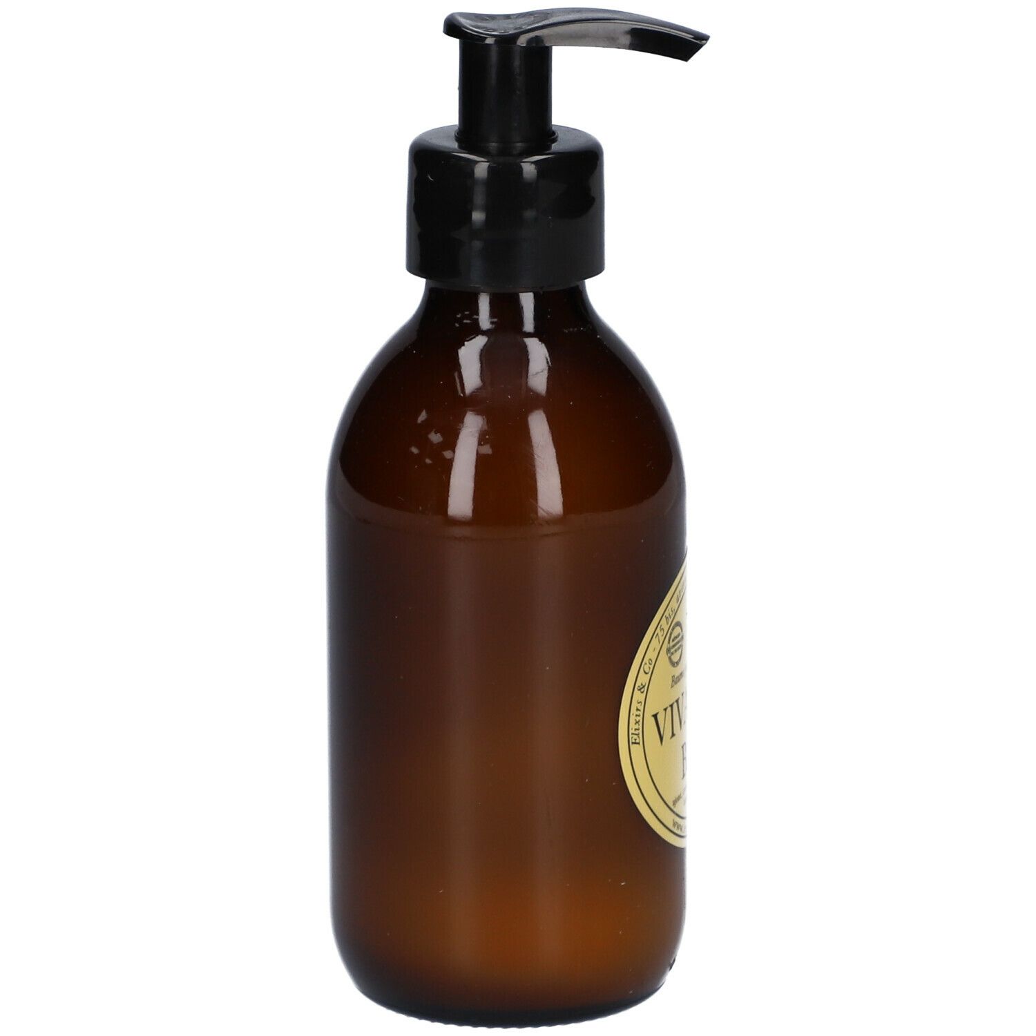 Bruine glazen fles met zwarte pomp, zijaanzicht. Etiket met tekst. Productnaam: Vivacité(s) de Bach.