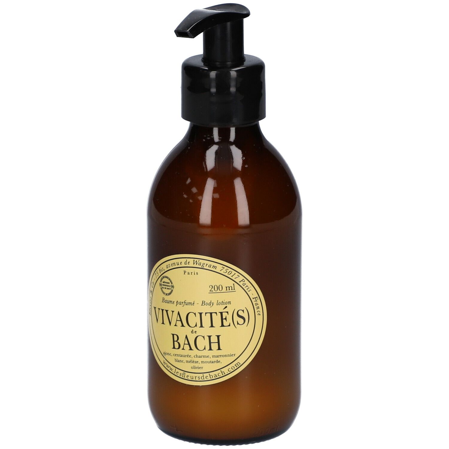 Bruine glazen fles met zwarte pomp. Etiket met tekst. Productnaam: Vivacité(s) de Bach.