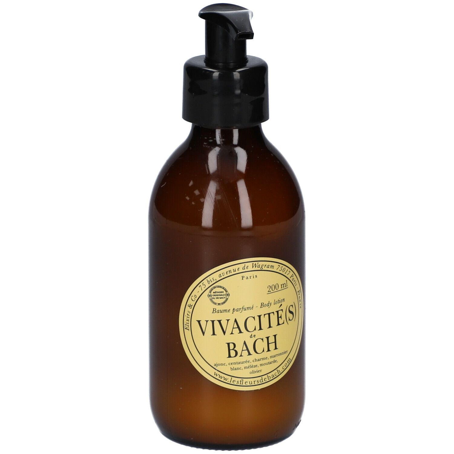 Bruine glazen fles met zwarte pomp. Etiket met tekst. Productnaam: Vivacité(s) de Bach.