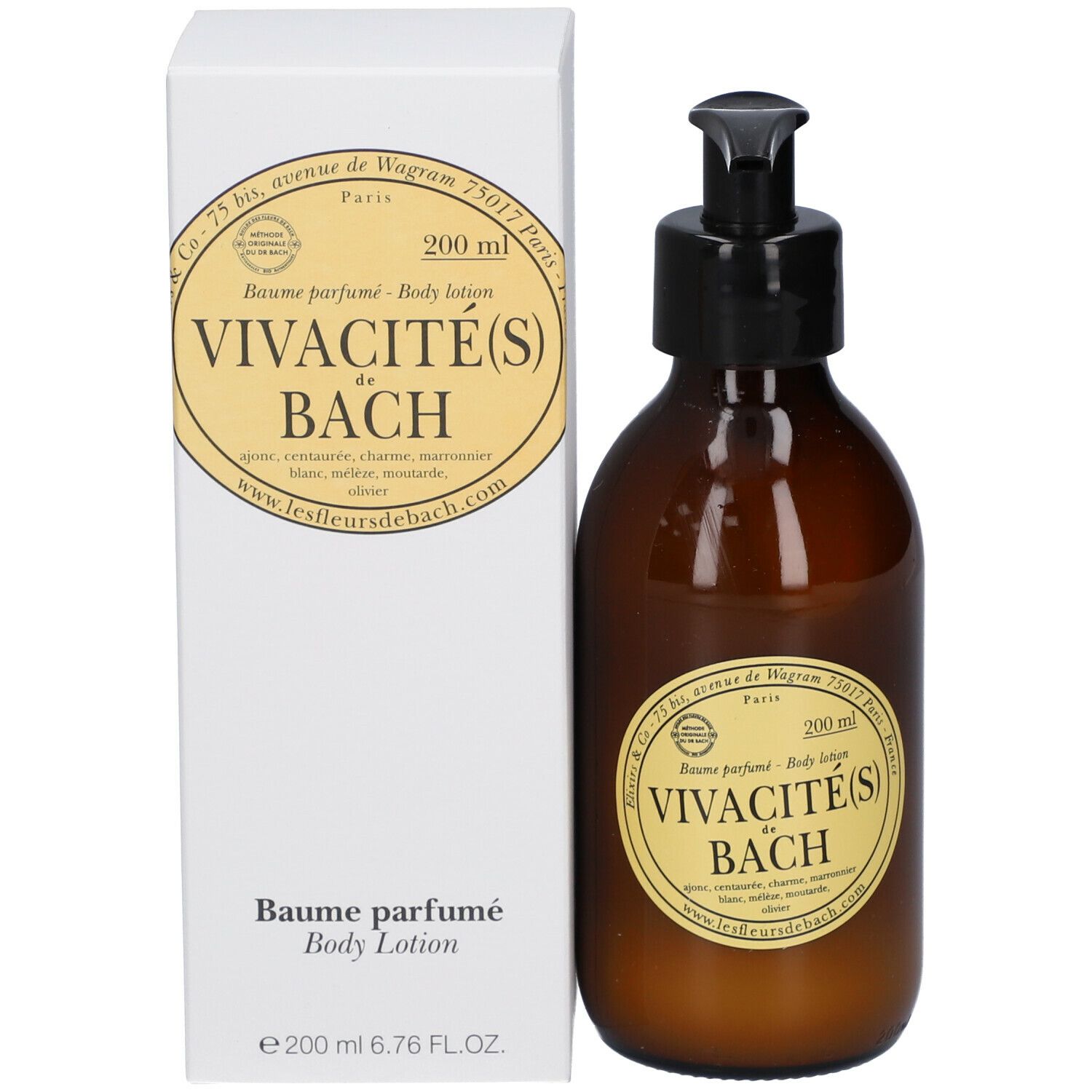 Bruine fles met zwarte pomp en witte verpakking. Productnaam: Vivacité(s) de Bach.