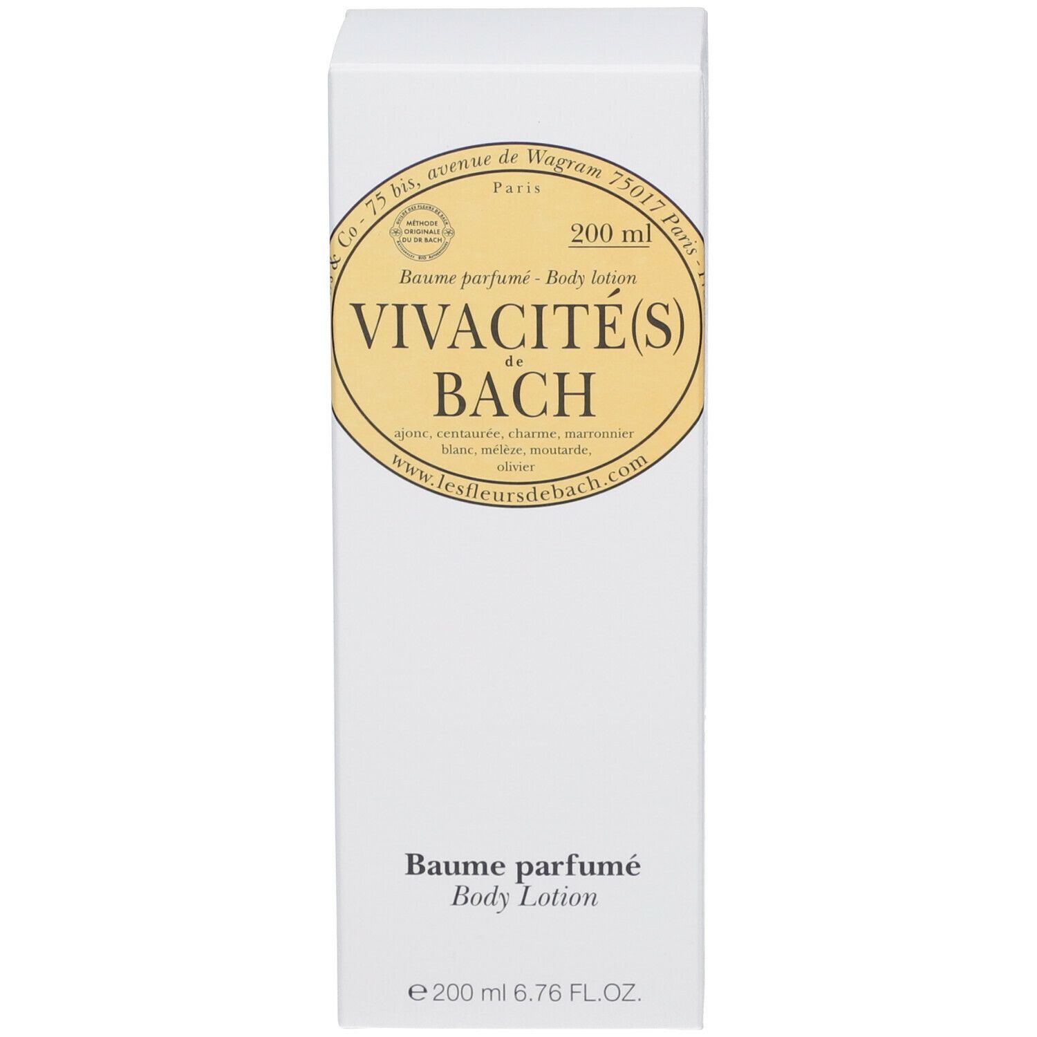 Witte verpakking met tekst. Productnaam: Vivacité(s) de Bach. Bruine fles niet zichtbaar.