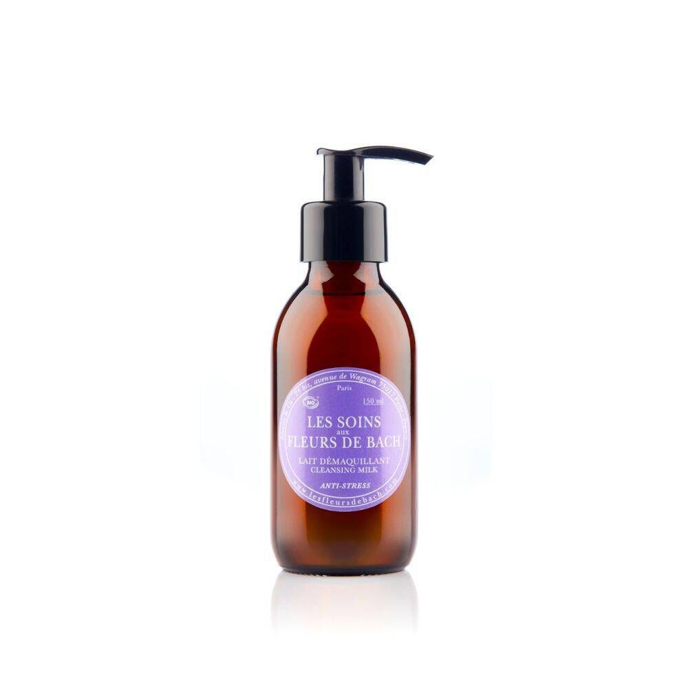 Bruine fles met zwarte pomp. Etiket met productinformatie. Tekst: Les Soins aux Fleurs de Bach Anti-Stress Lait Démaquillant.