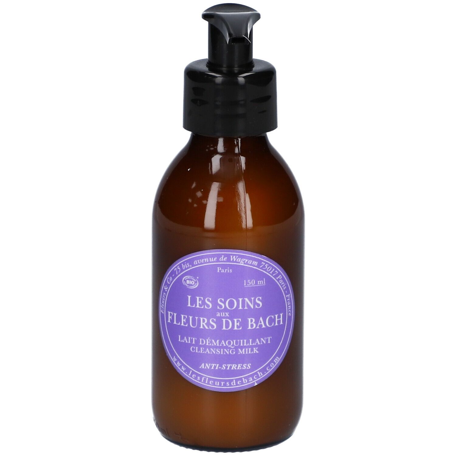 Bruine fles met zwarte pomp. Etiket met productinformatie. Tekst: Les Soins aux Fleurs de Bach Lait Démaquillant.