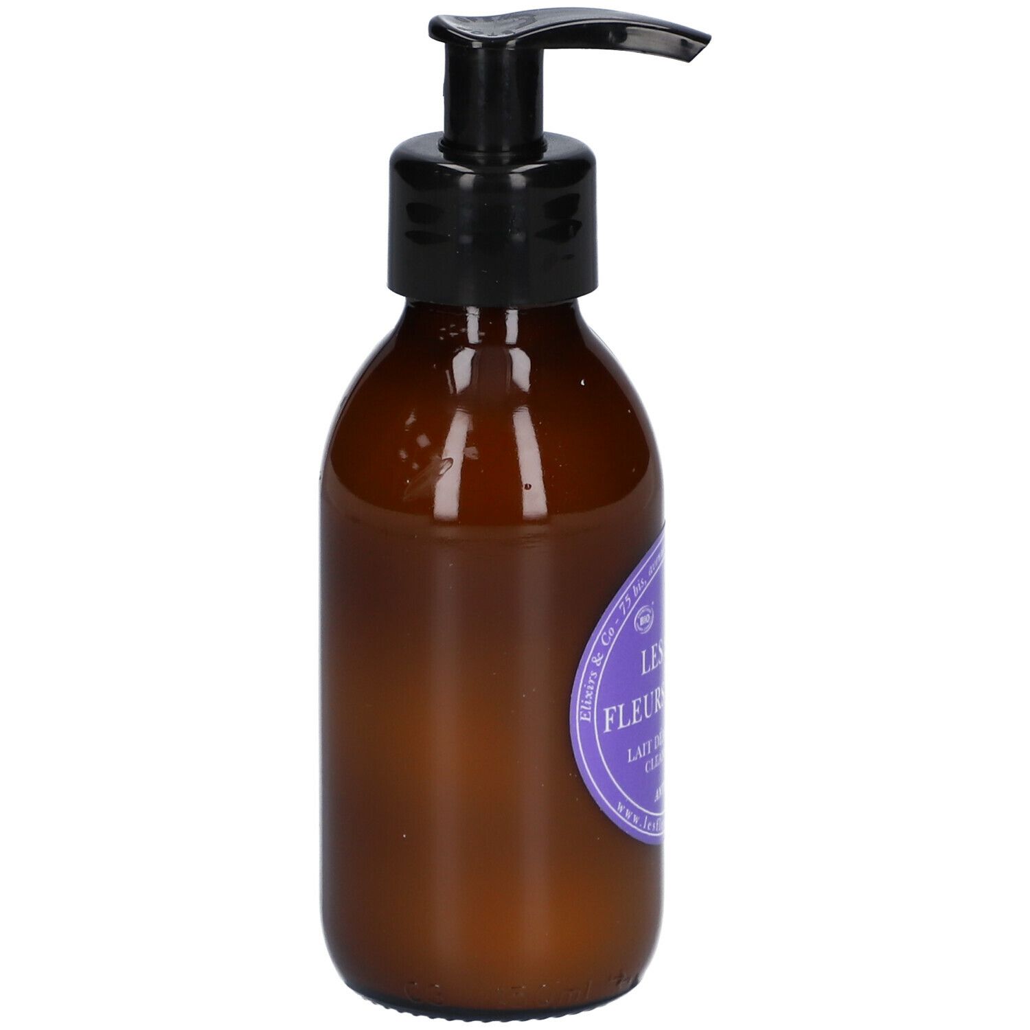 Bruine fles met zwarte pomp. Etiket met productinformatie. Tekst: Les Soins aux Fleurs de Bach Lait Démaquillant.