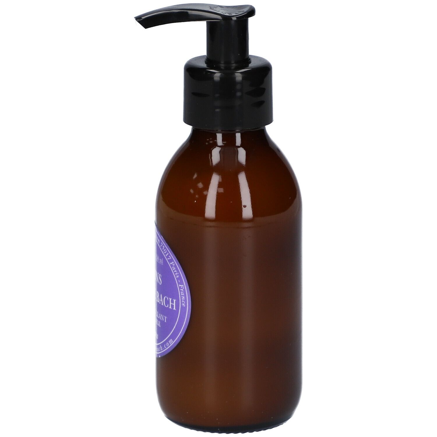 Bruine fles met zwarte pomp. Etiket met productinformatie. Tekst: Les Soins aux Fleurs de Bach Lait Démaquillant.