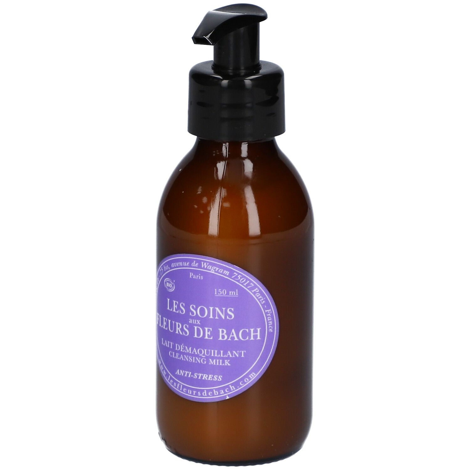 Bruine fles met zwarte pomp. Etiket met productinformatie. Tekst: Les Soins aux Fleurs de Bach Lait Démaquillant.
