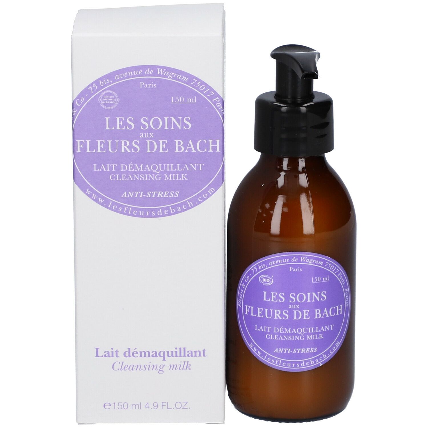 Bruine fles met zwarte pomp en witte verpakking. Tekst: Les Soins aux Fleurs de Bach Lait Démaquillant.