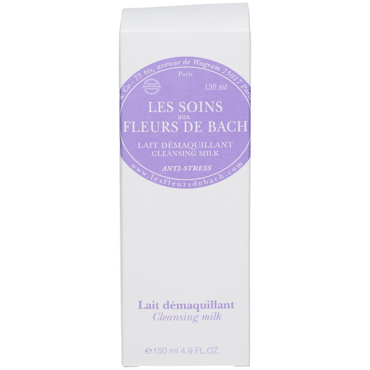 Witte verpakking met productinformatie. Tekst: Les Soins aux Fleurs de Bach Lait Démaquillant.