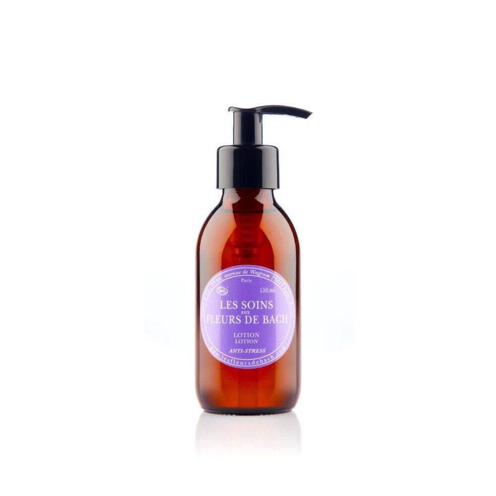 Bruine glazen fles met zwarte pomp. Etiket met tekst: LES SOINS AUX FLEURS DE BACH, Lotion, Anti-Stress.