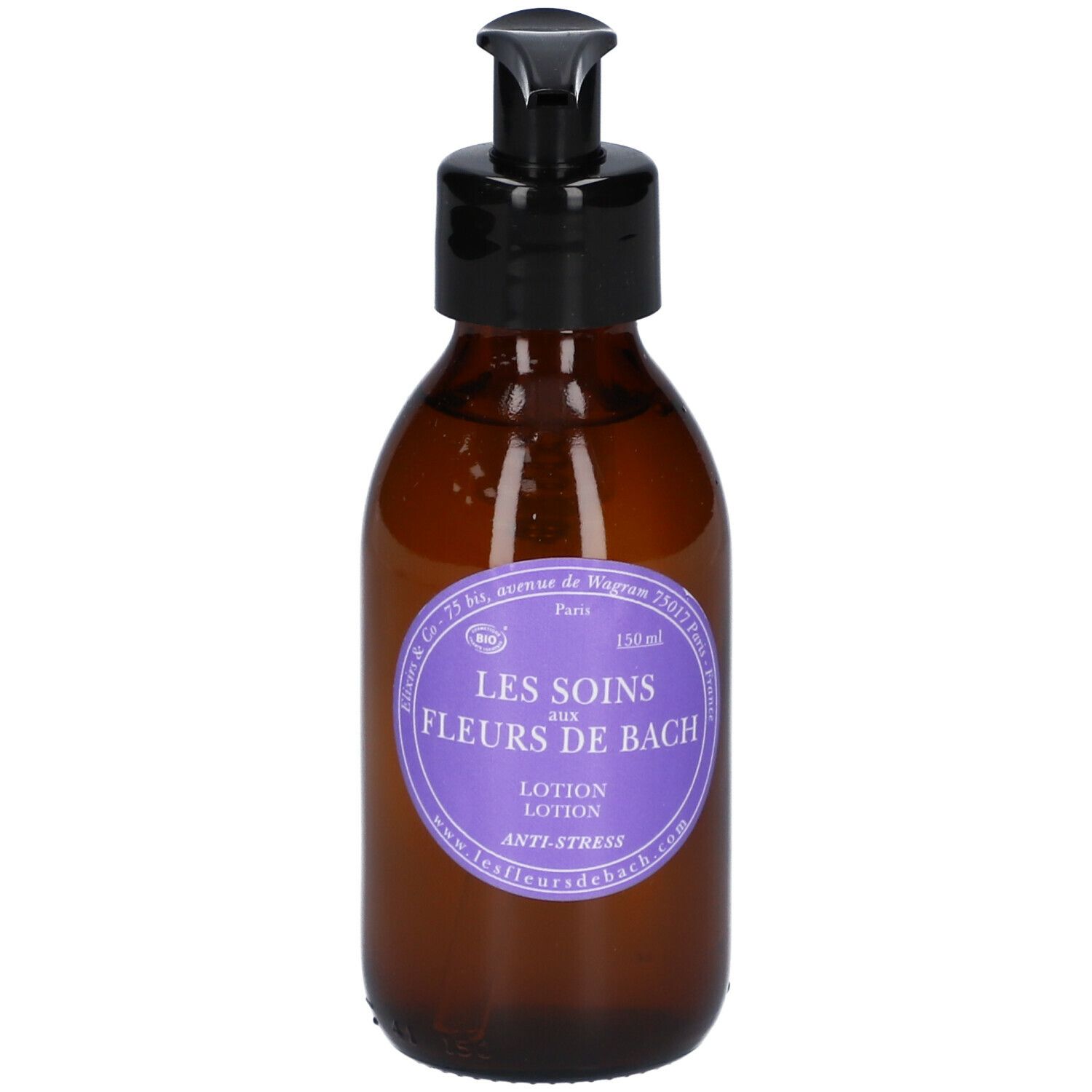 Bruine glazen fles met zwarte pomp. Etiket met tekst: LES SOINS AUX FLEURS DE BACH, Lotion, Anti-Stress.