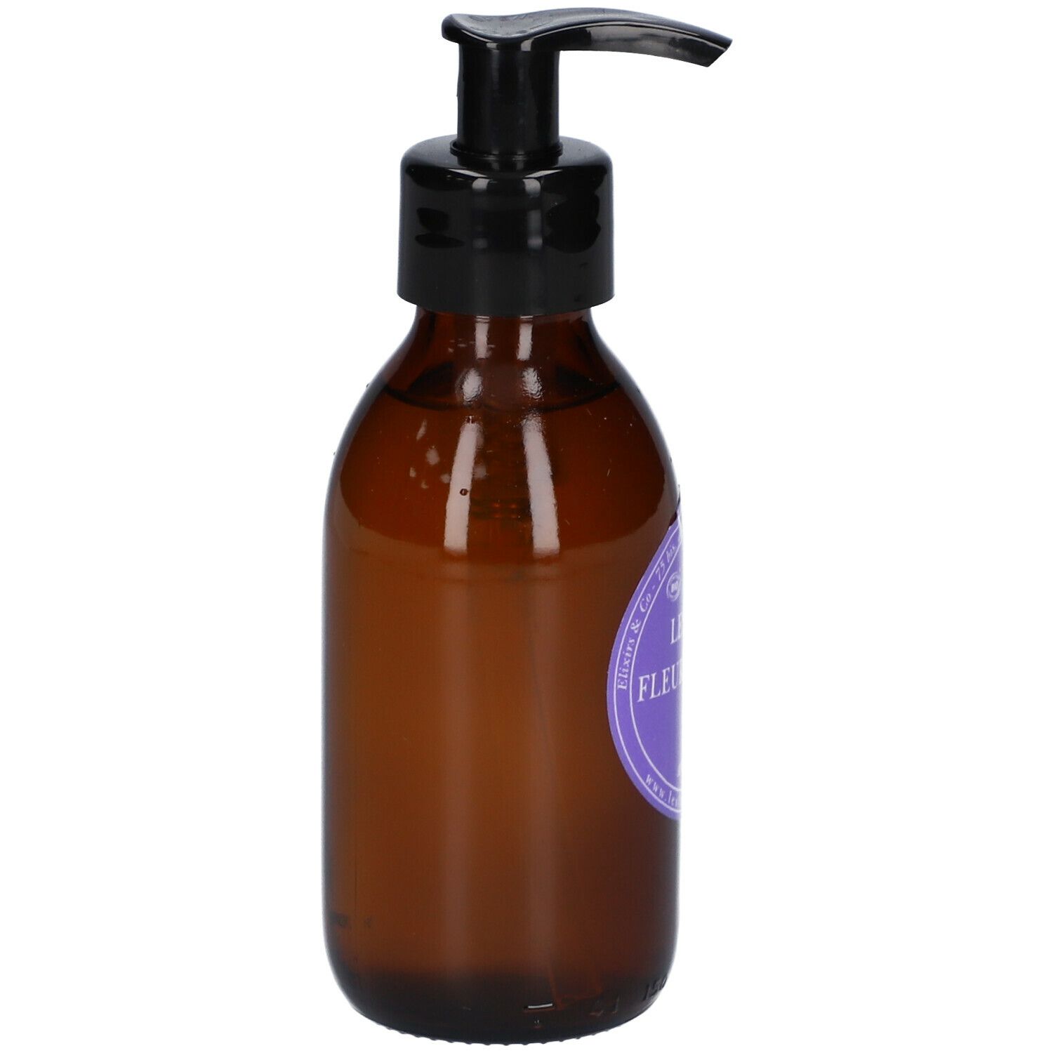 Bruine glazen fles met zwarte pomp. Etiket met tekst: LES SOINS AUX FLEURS DE BACH, Lotion, Anti-Stress.