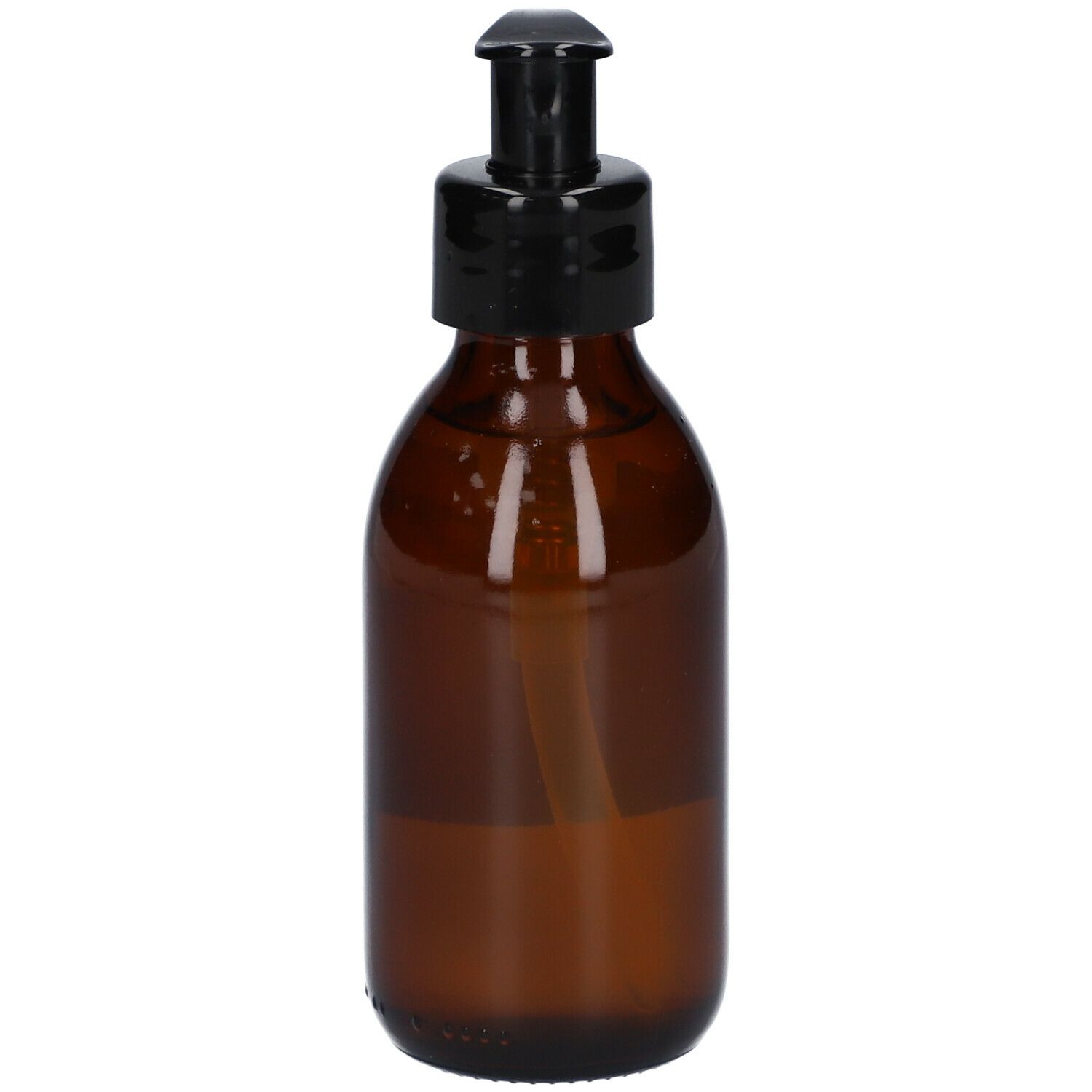 Bruine glazen fles met zwarte pomp. Etiket met tekst: LES SOINS AUX FLEURS DE BACH, Lotion, Anti-Stress.