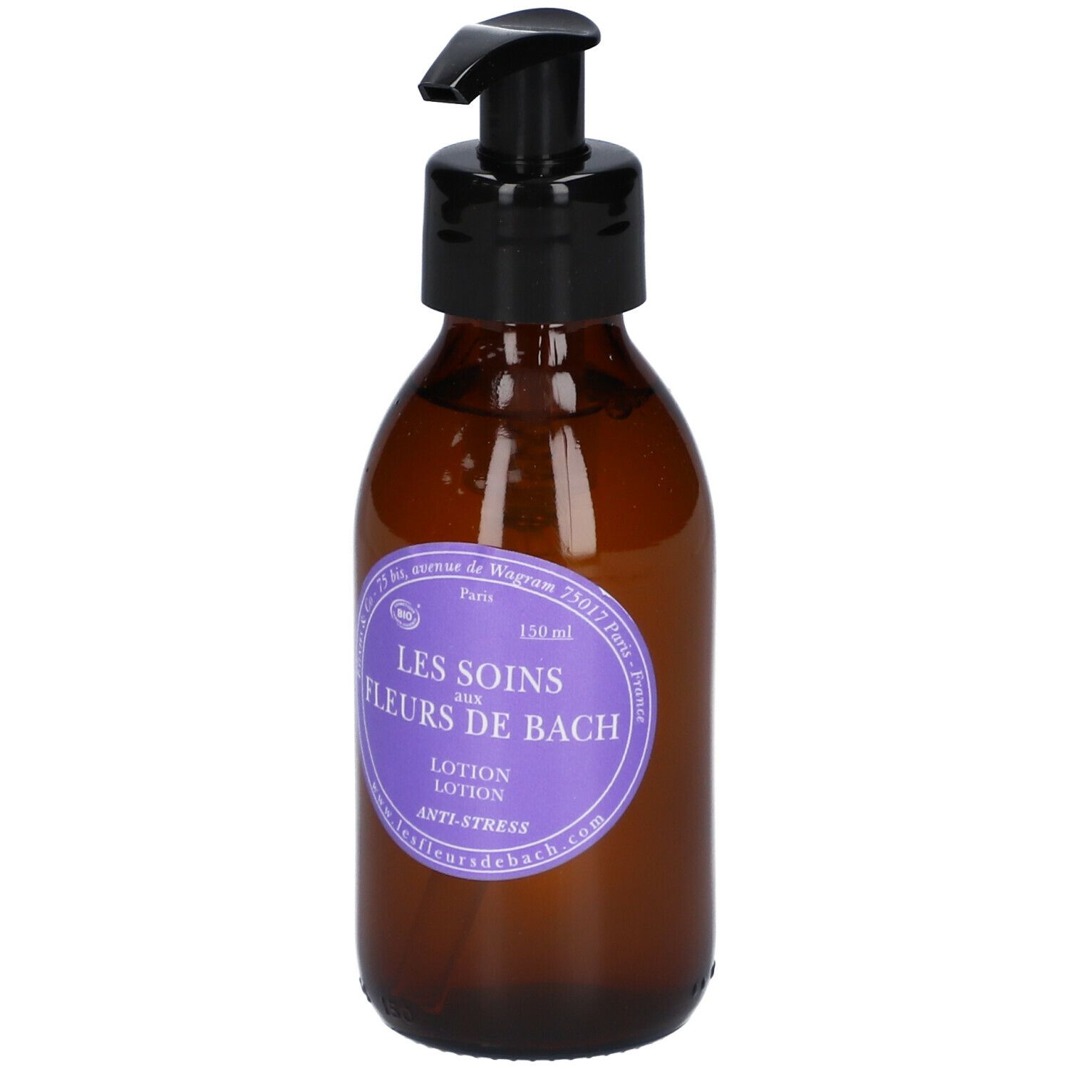 Bruine glazen fles met zwarte pomp. Etiket met tekst: LES SOINS AUX FLEURS DE BACH, Lotion, Anti-Stress.