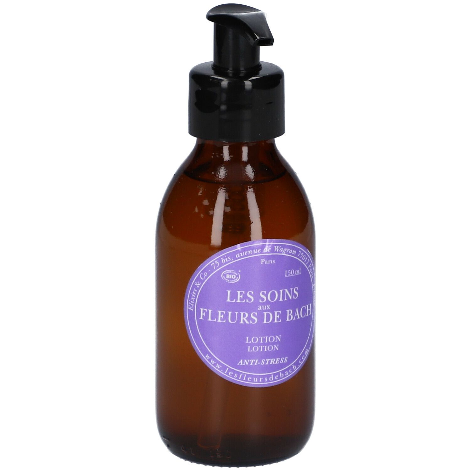 Bruine glazen fles met zwarte pomp. Etiket met tekst: LES SOINS AUX FLEURS DE BACH, Lotion, Anti-Stress.