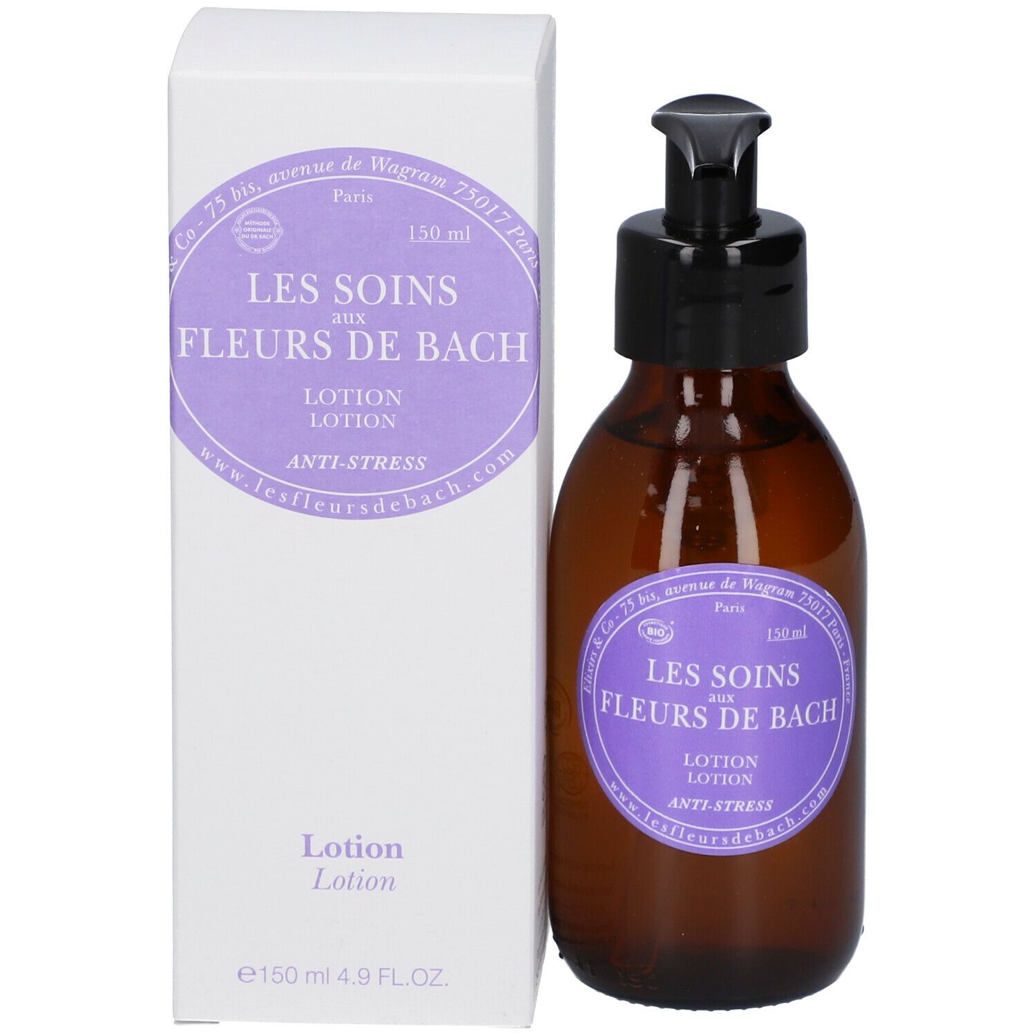 Bruine glazen fles met zwarte pomp en witte verpakking. Etiket met tekst: LES SOINS AUX FLEURS DE BACH, Lotion, Anti-Stress.