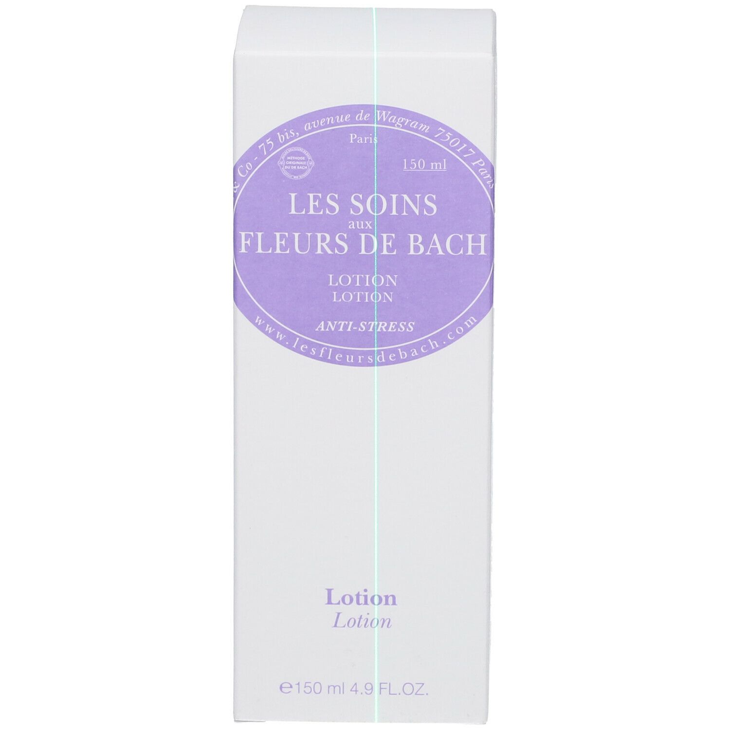 Witte verpakking met tekst: LES SOINS AUX FLEURS DE BACH, Lotion, Anti-Stress. Fles met zwarte pomp.