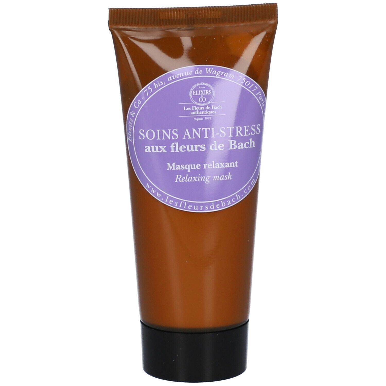 Bruine tube met paars etiket. Tekst: Soins Anti-Stress aux fleurs de Bach. Relaxing mask. Les Fleurs de Bach.