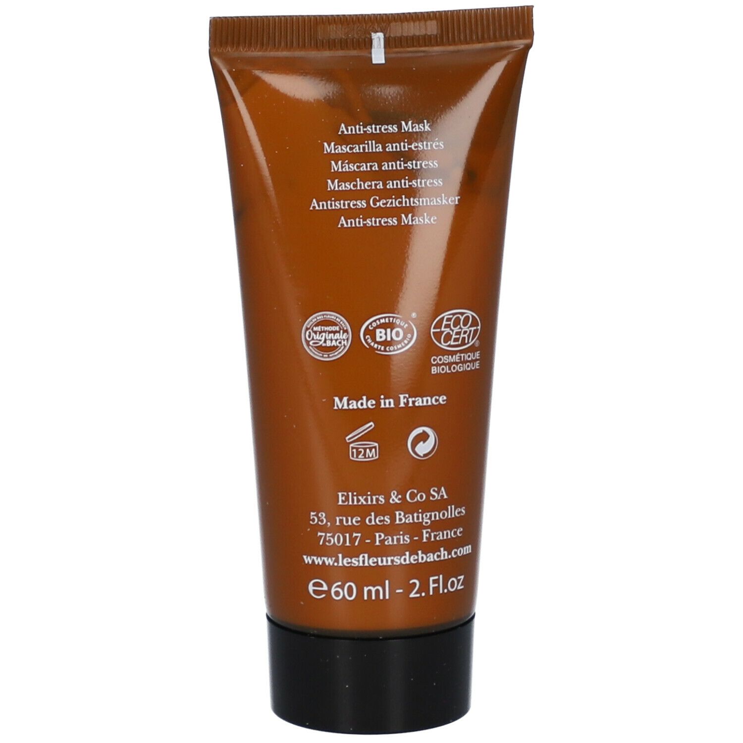 Achterkant van de tube. Tekst: Anti-stress Mask. Certificeringen: Bio, Eco Cert. Gemaakt in Frankrijk. 60 ml.