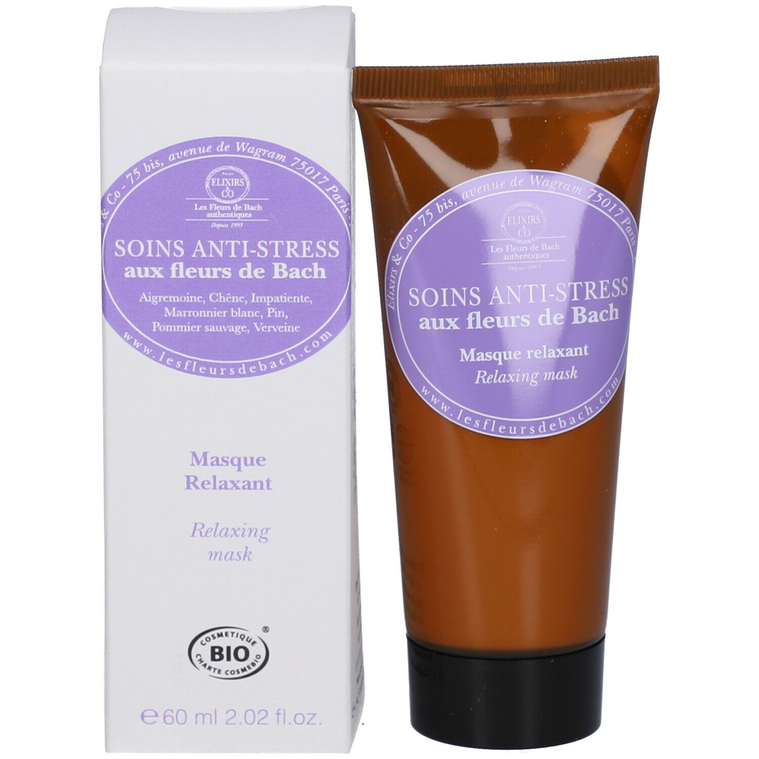Productverpakking met tube. Verpakking: wit met paars etiket. Tube: bruin met paars etiket. Tekst: Soins Anti-Stress.