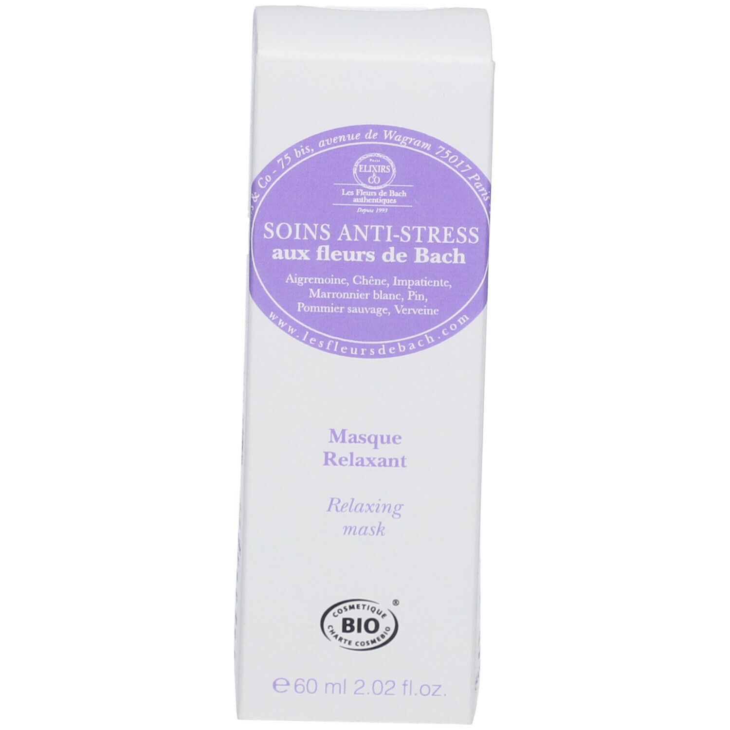 Witte productverpakking met paars etiket. Tekst: Soins Anti-Stress aux fleurs de Bach. Bio-certificering.