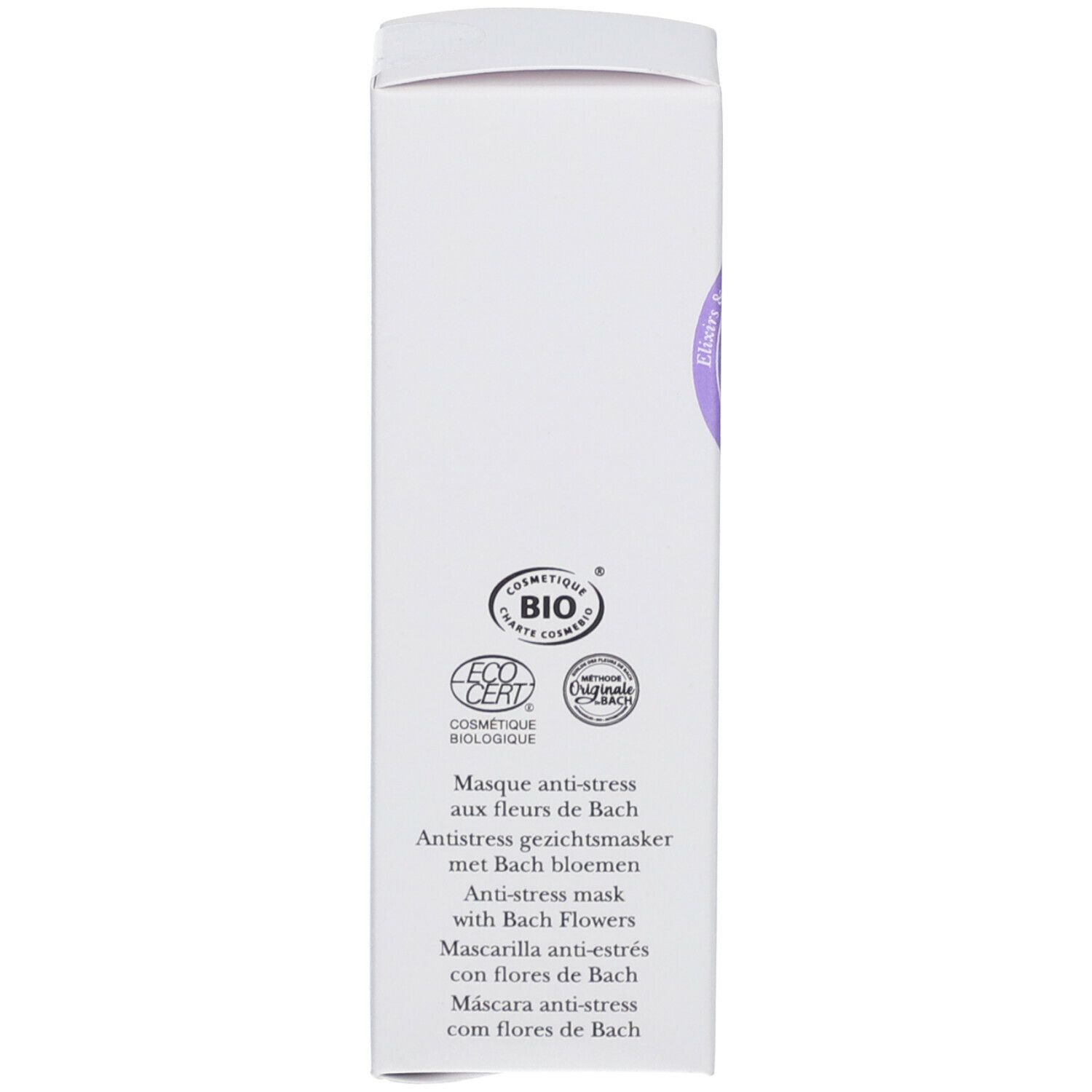 Witte verpakking. Tekst: Anti-stressmasker met Bachbloesems. Certificeringen: Eco Cert, Bio. Meertalige tekst.