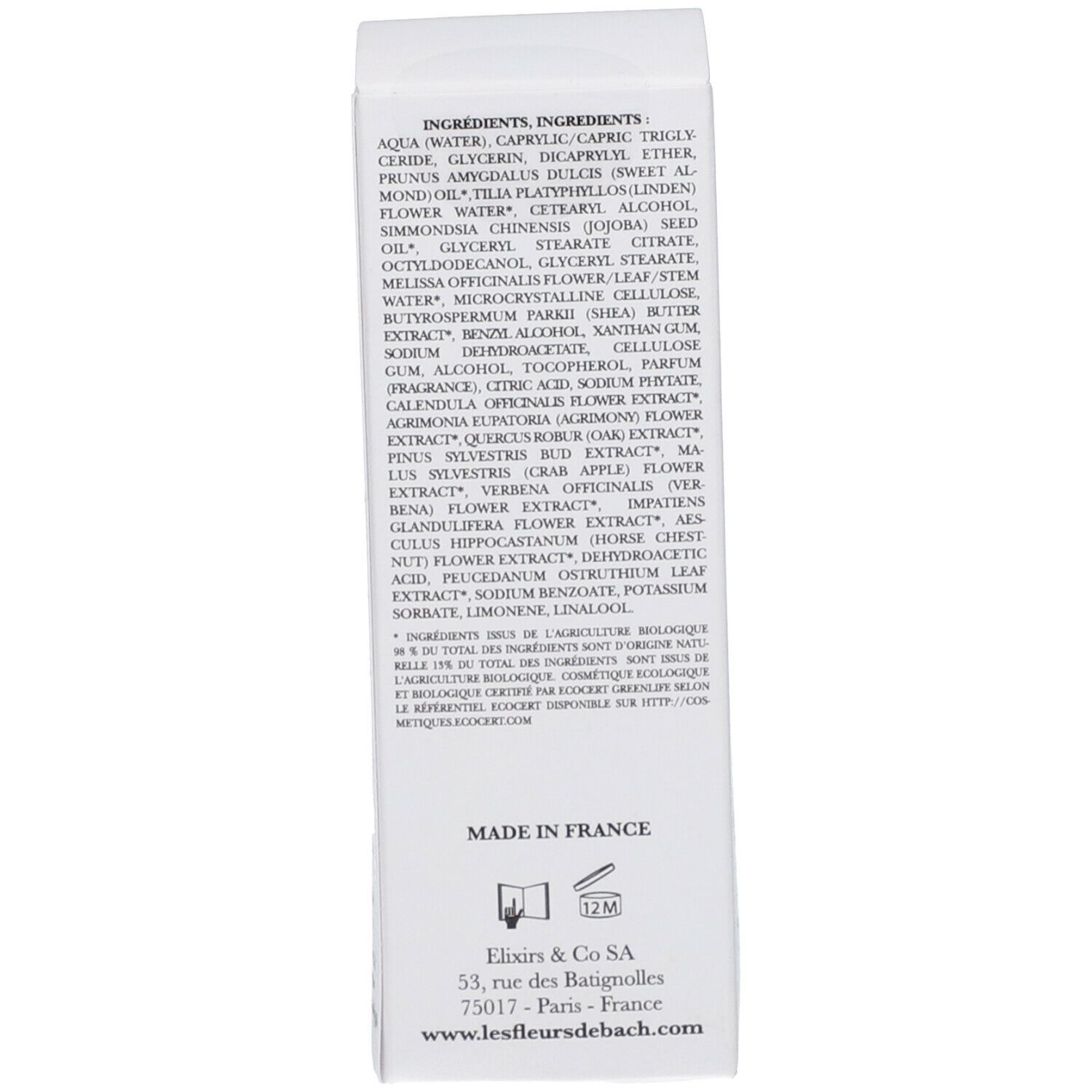 Achterkant van de verpakking. Ingrediëntenlijst. Tekst: Made in France. Adres van de fabrikant. Bio-certificering.
