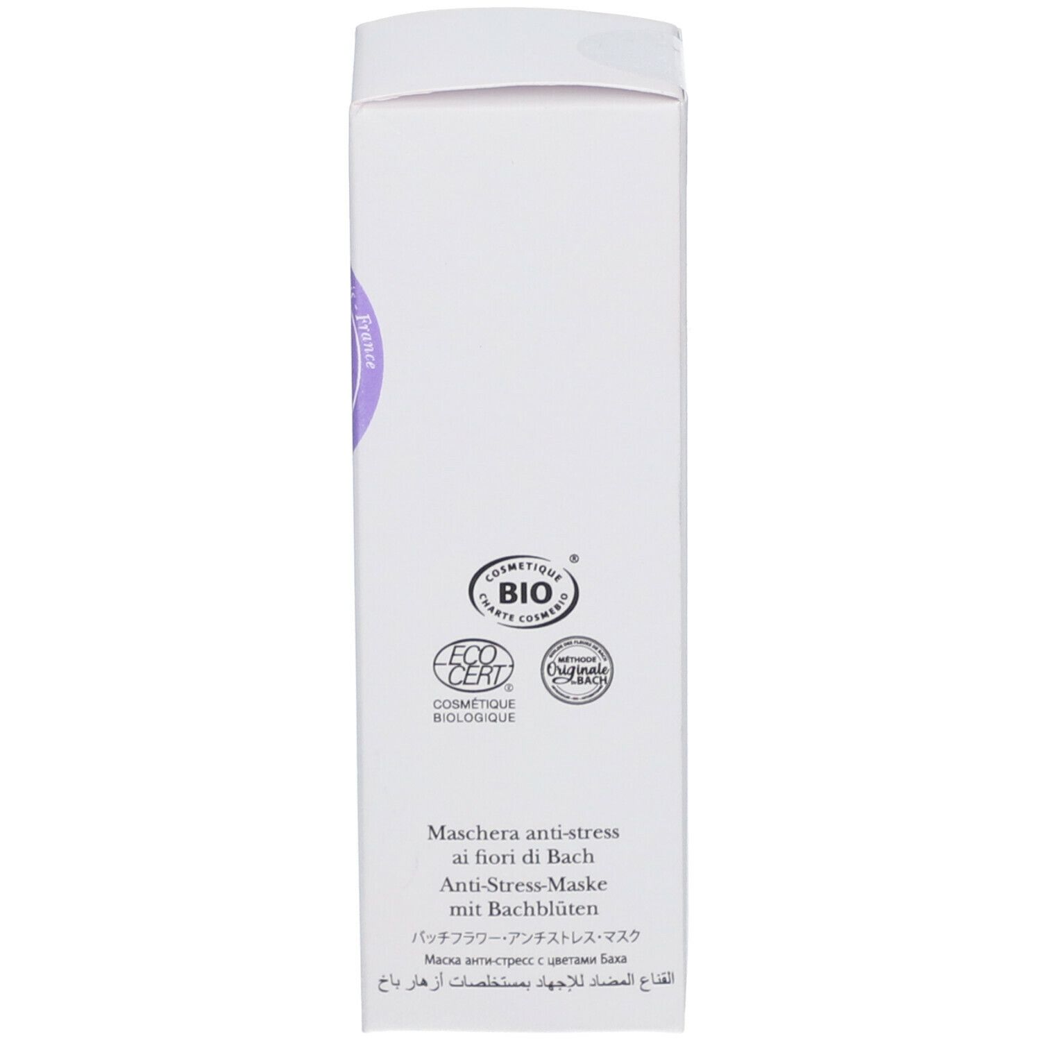 Verpakking. Tekst: Anti-stressmasker met Bachbloesems. Certificeringen: Eco Cert, Bio. Meertalige tekst.