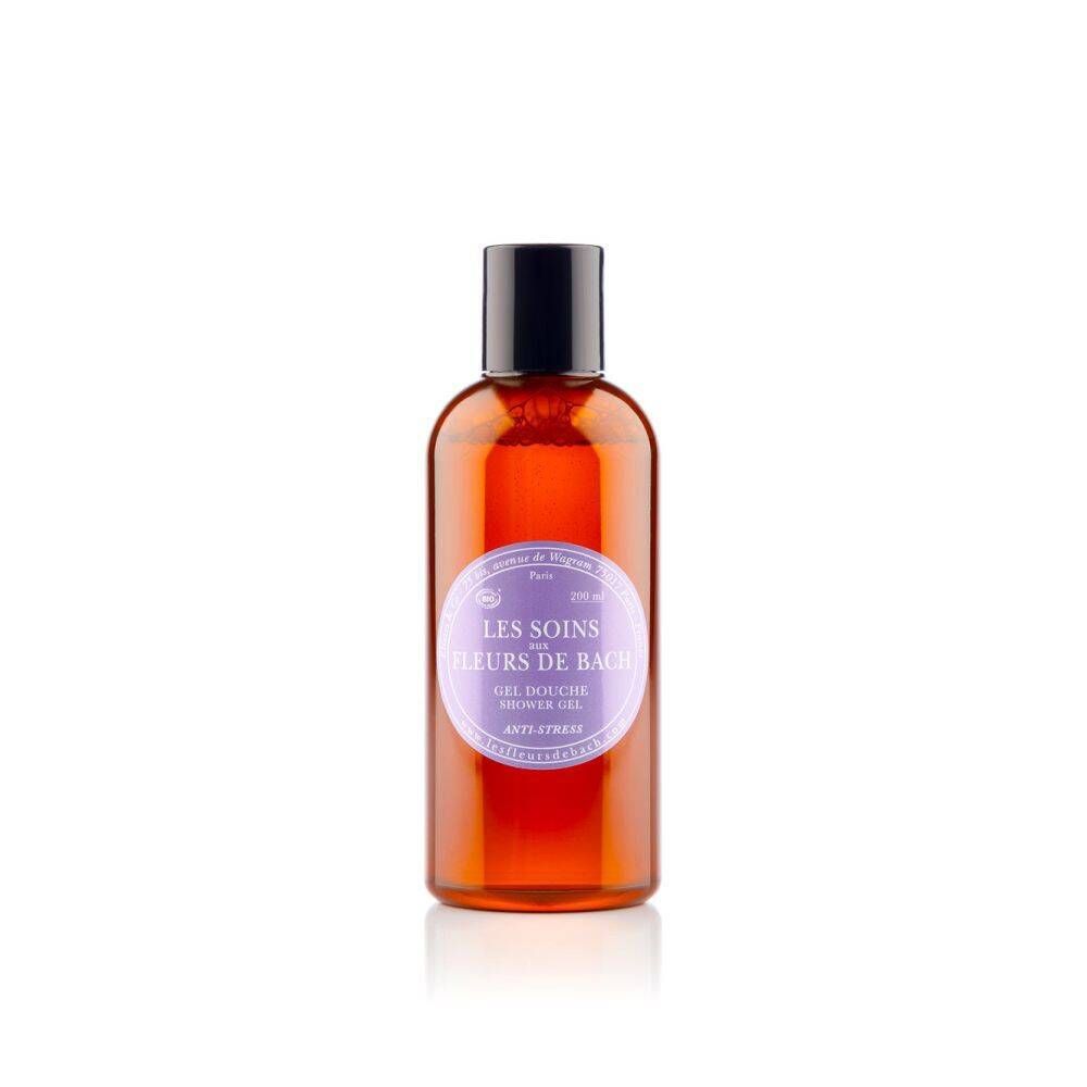Flacon marron avec bouchon noir. Étiquette avec texte: Les Soins aux Fleurs de Bach. Gel Douche. Anti-Stress.