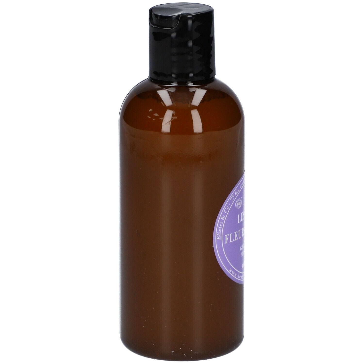 Flacon marron avec bouchon noir. Étiquette avec texte: Les Soins aux Fleurs de Bach. Gel Douche. Anti-Stress.