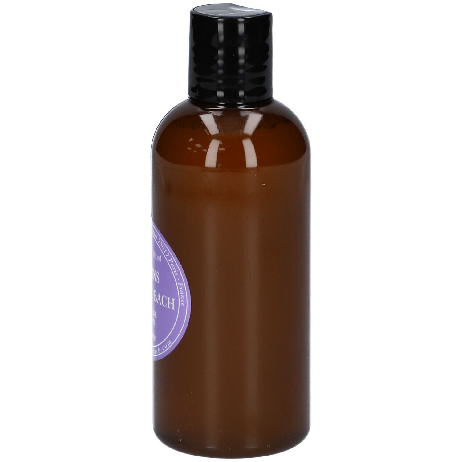 Flacon marron avec bouchon noir. Étiquette avec texte: Les Soins aux Fleurs de Bach. Gel Douche. Anti-Stress.
