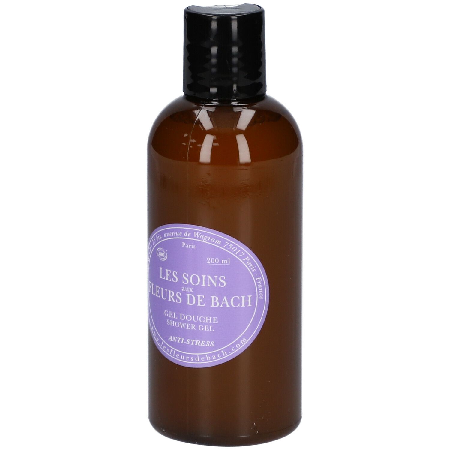 Flacon marron avec bouchon noir. Étiquette avec texte: Les Soins aux Fleurs de Bach. Gel Douche. Anti-Stress.